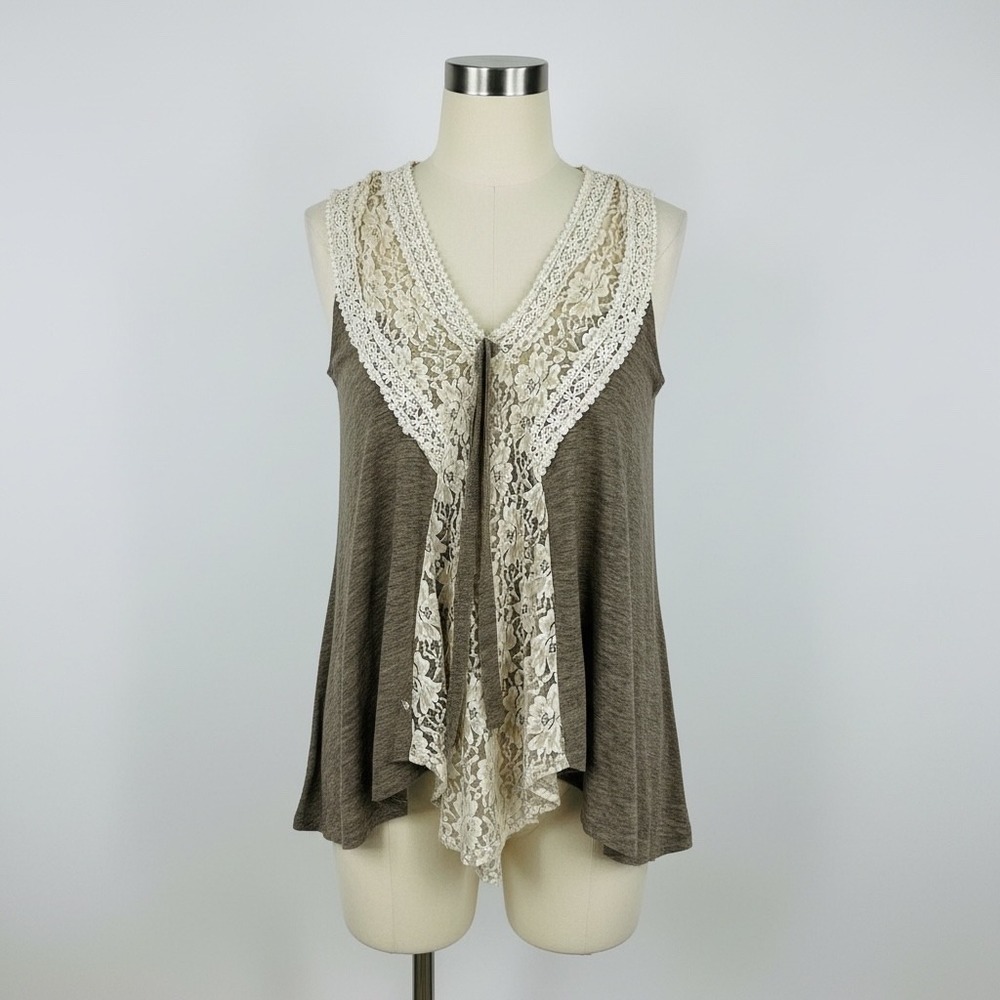Ryu Lace Trim Sleeveless Top Brown Cream Floral Boho Women Size Small